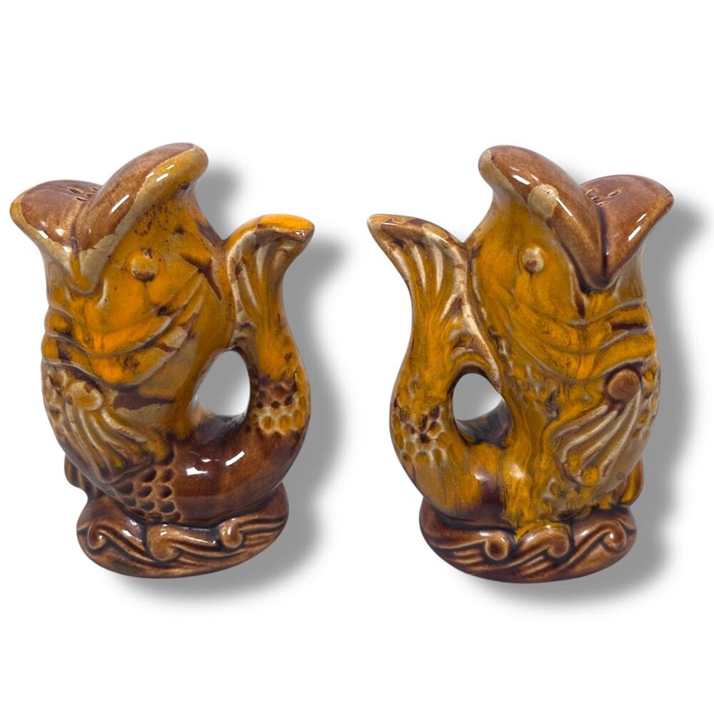 Vintage Koi Fish Pottery Salt & Pepper Shakers Brown Glossy Drip Glaze Set of 2‎